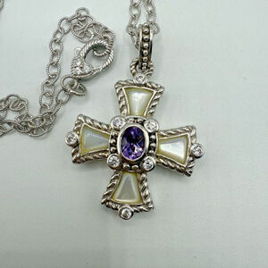 Estate JUDITH RIPKA Sterling Silver 925 Amethyst Maltese Cross Pendant Necklace